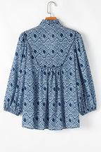 Geometric Print Frilled Notched Blouse