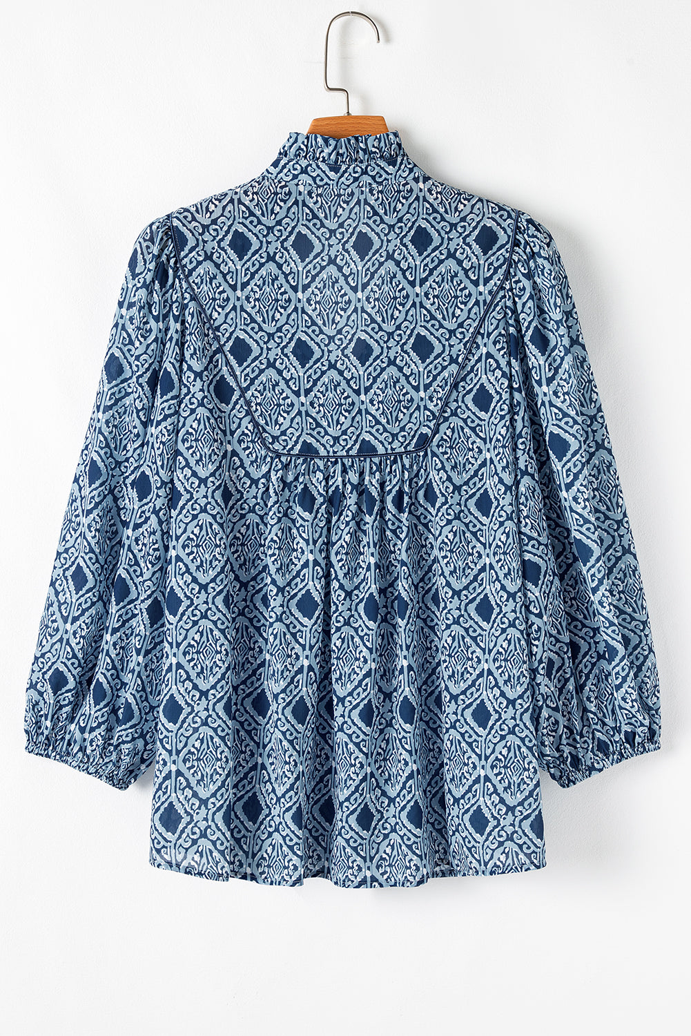 Geometric Print Frilled Notched Blouse