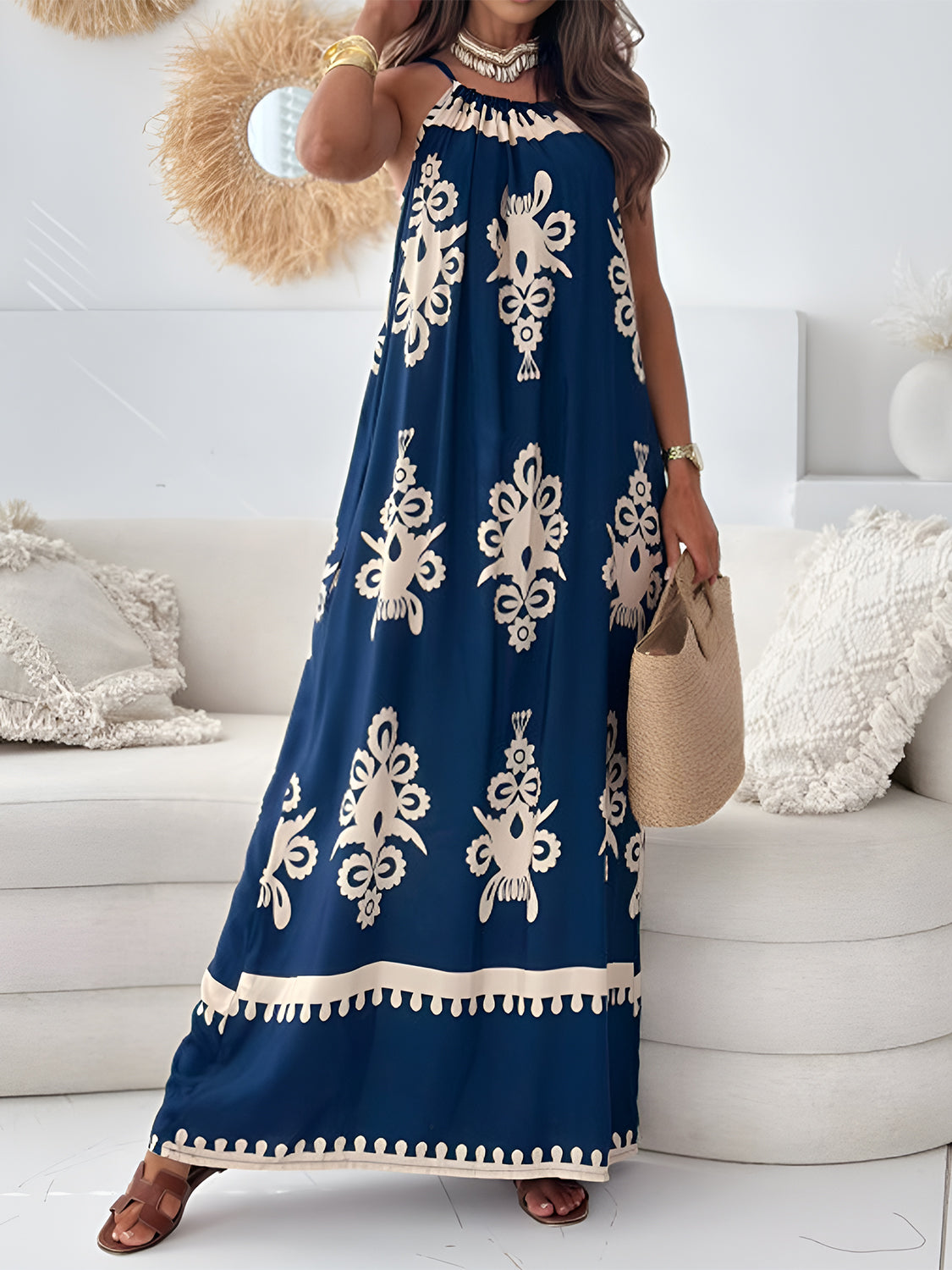 Printed Spaghetti Strap Sleeveless Maxi Dress - felvior