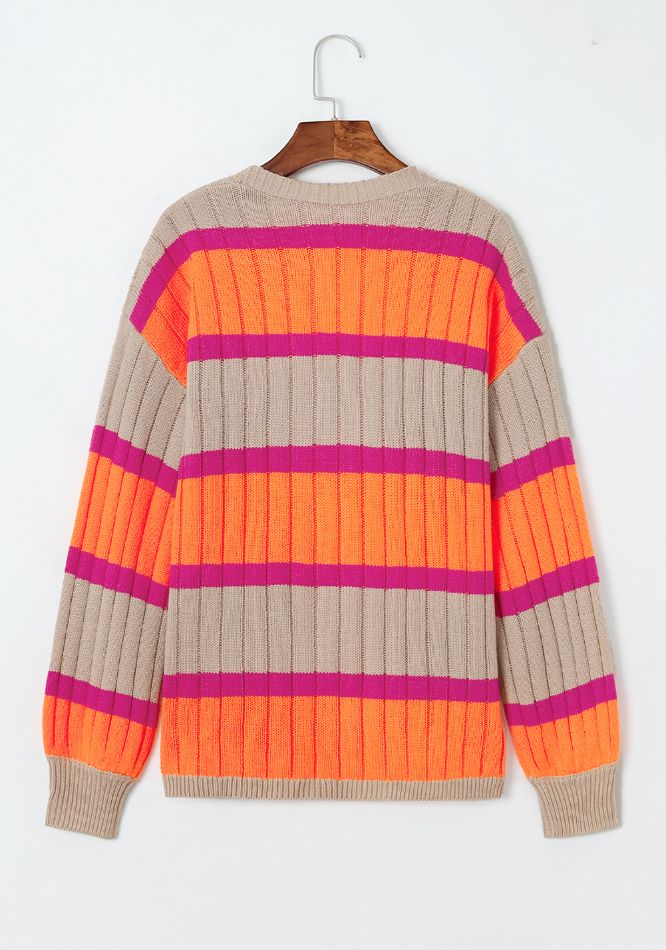 Contrast Striped Drop Shoulder Open Front Cardigan - felvior