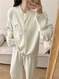 Pocketed Round Neck Button Up Cardigan and Pants Sweater Set - felvior