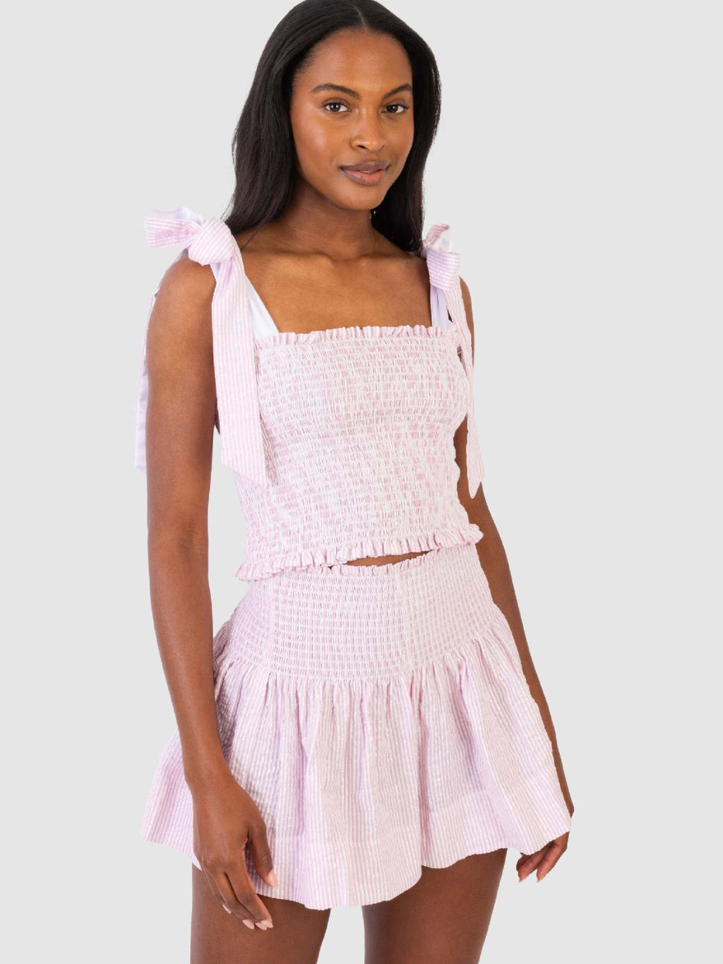 Smocked Tie Shoulder Top and Mini Skirt Set