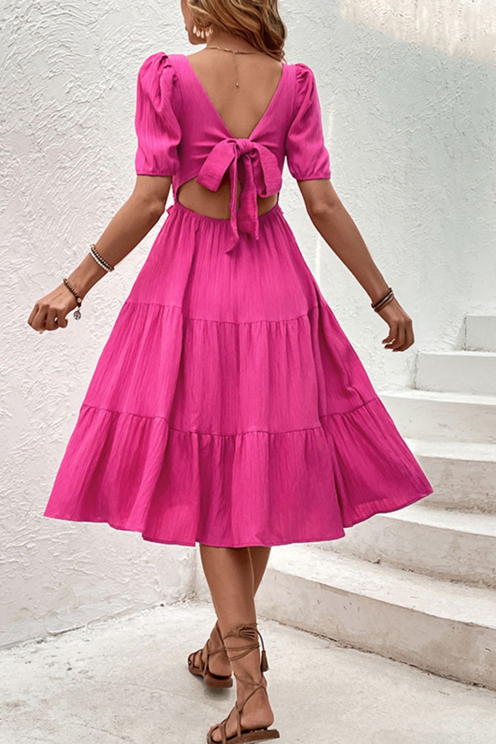 Perfee Square Neck Puff Sleeve Cutout Dress - felvior