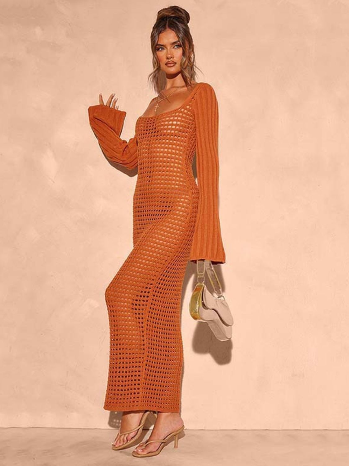 Openwork Square Neck Flare Sleeve Cover-Up Dress - felvior