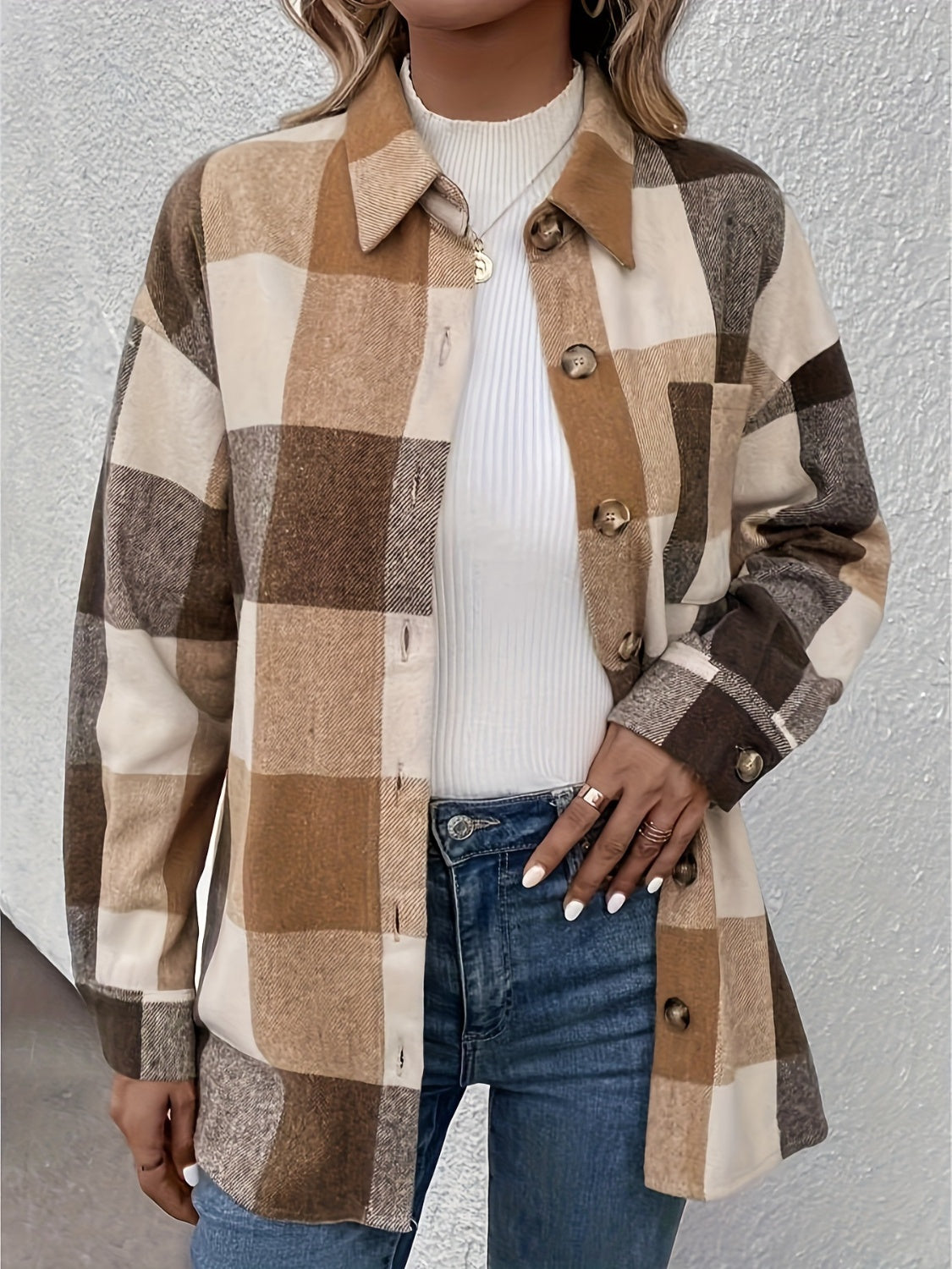 Curved Hem Plaid Collared Neck Shacket - felvior