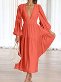 Deep V-Neck Balloon Sleeve Plain Maxi Dress - felvior