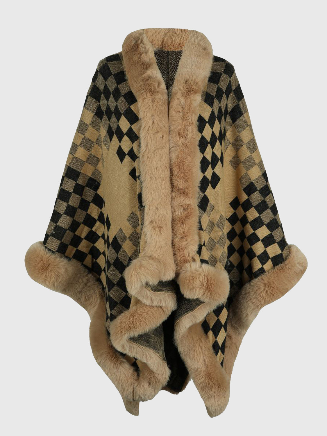 Checkered Faux Fur Trim Poncho - felvior