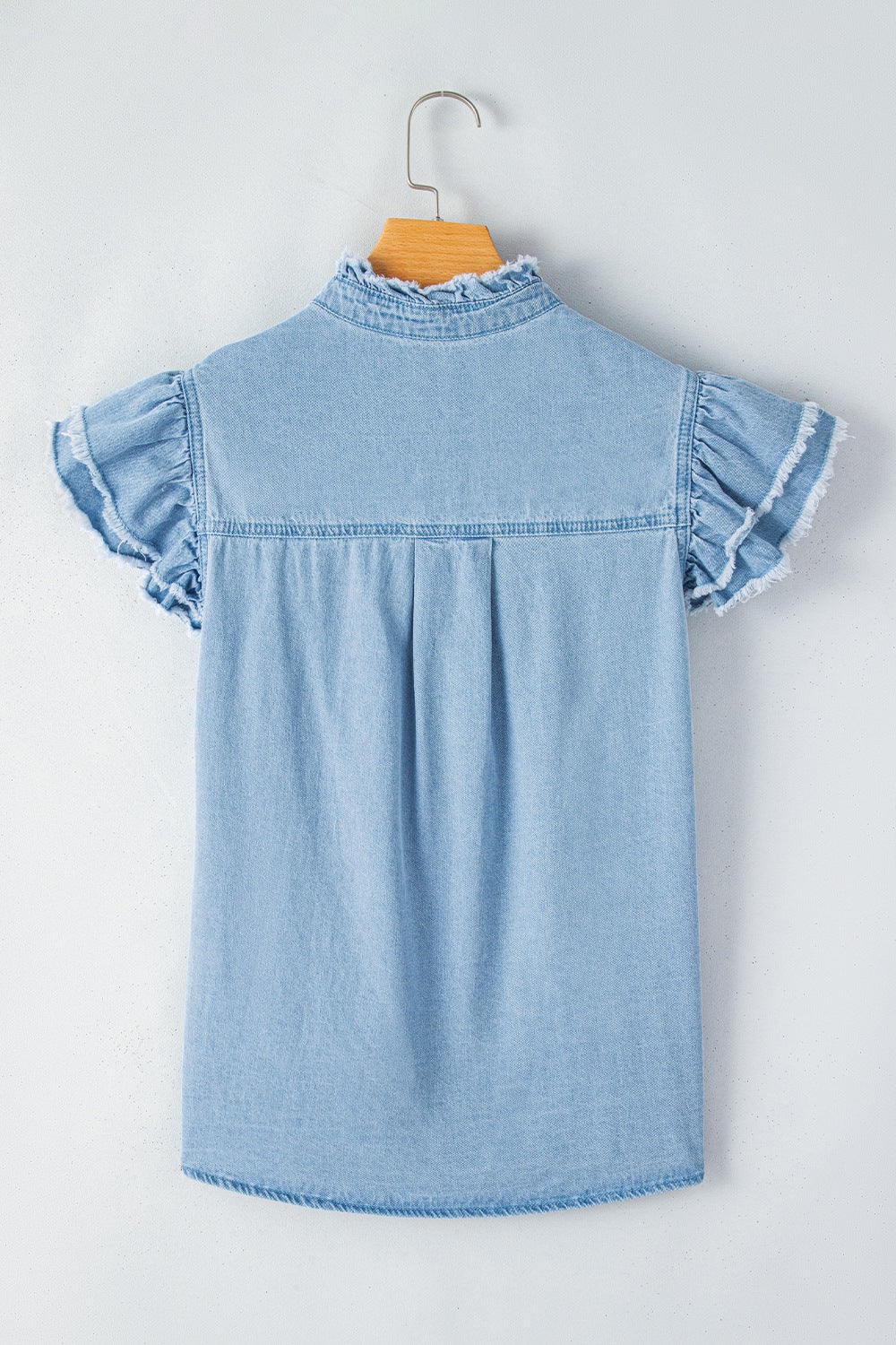 Button Down Raw Hem Ruffled Denim Shirt - felvior