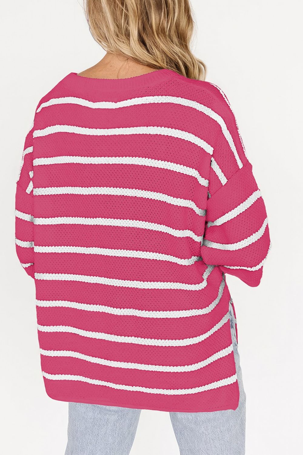 Stripe Drop Shoulder Side Slit Knit Top - felvior