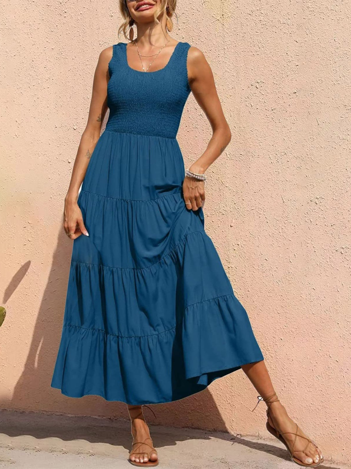 Tiered Smocked Wide Strap Dress - felvior
