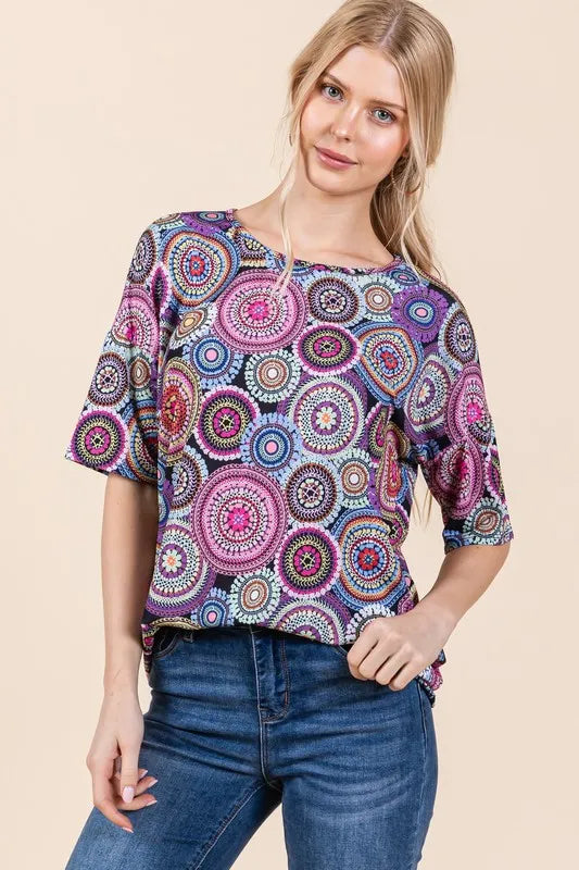 BOMBOM Printed Round Neck Half Sleeve Top