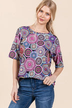 BOMBOM Printed Round Neck Half Sleeve Top
