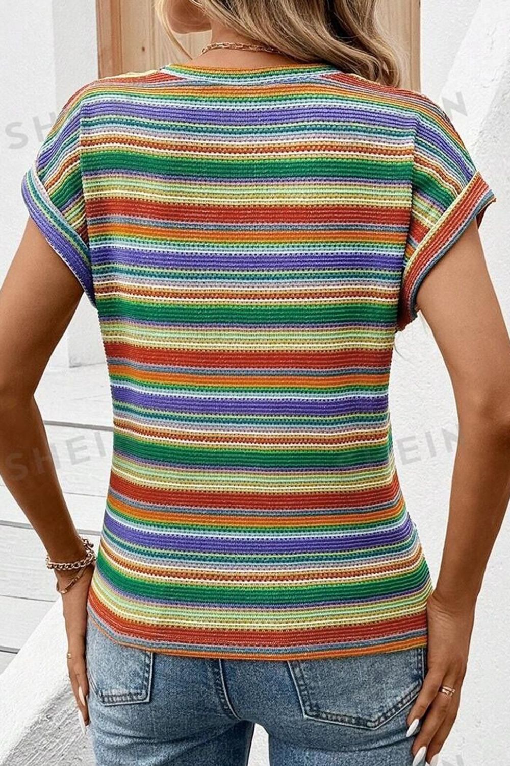 Multicolour Striped Twist Hem Cap Sleeve Top