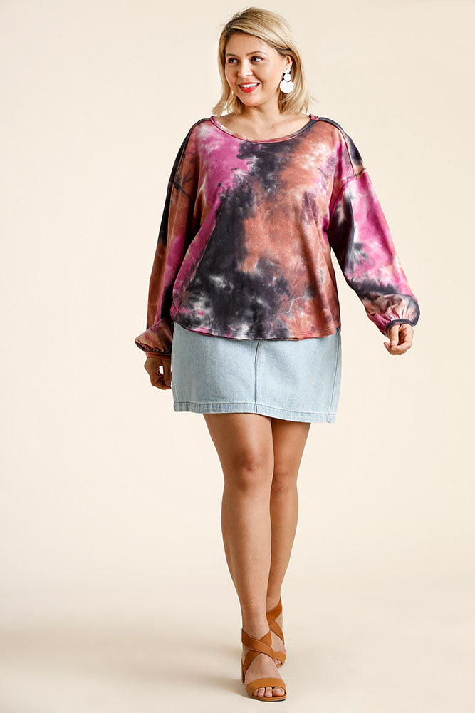 Umgee Full Size Tie Dye Round Neck Long Balloon Sleeve Top Plus Size - felvior