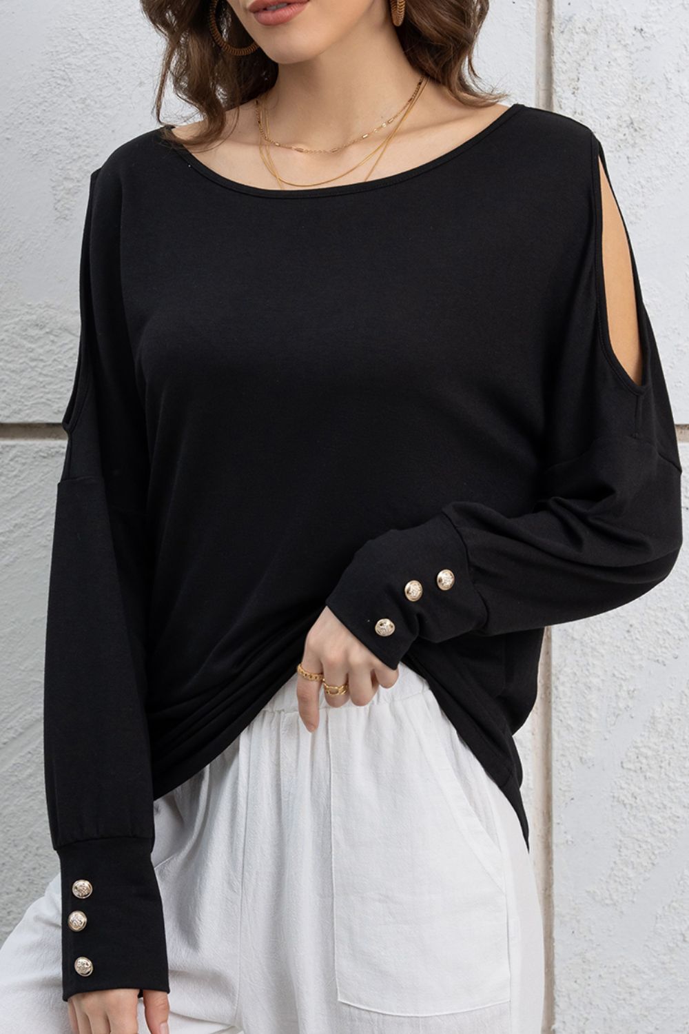 Cutout Round Neck Long Sleeve Top - felvior