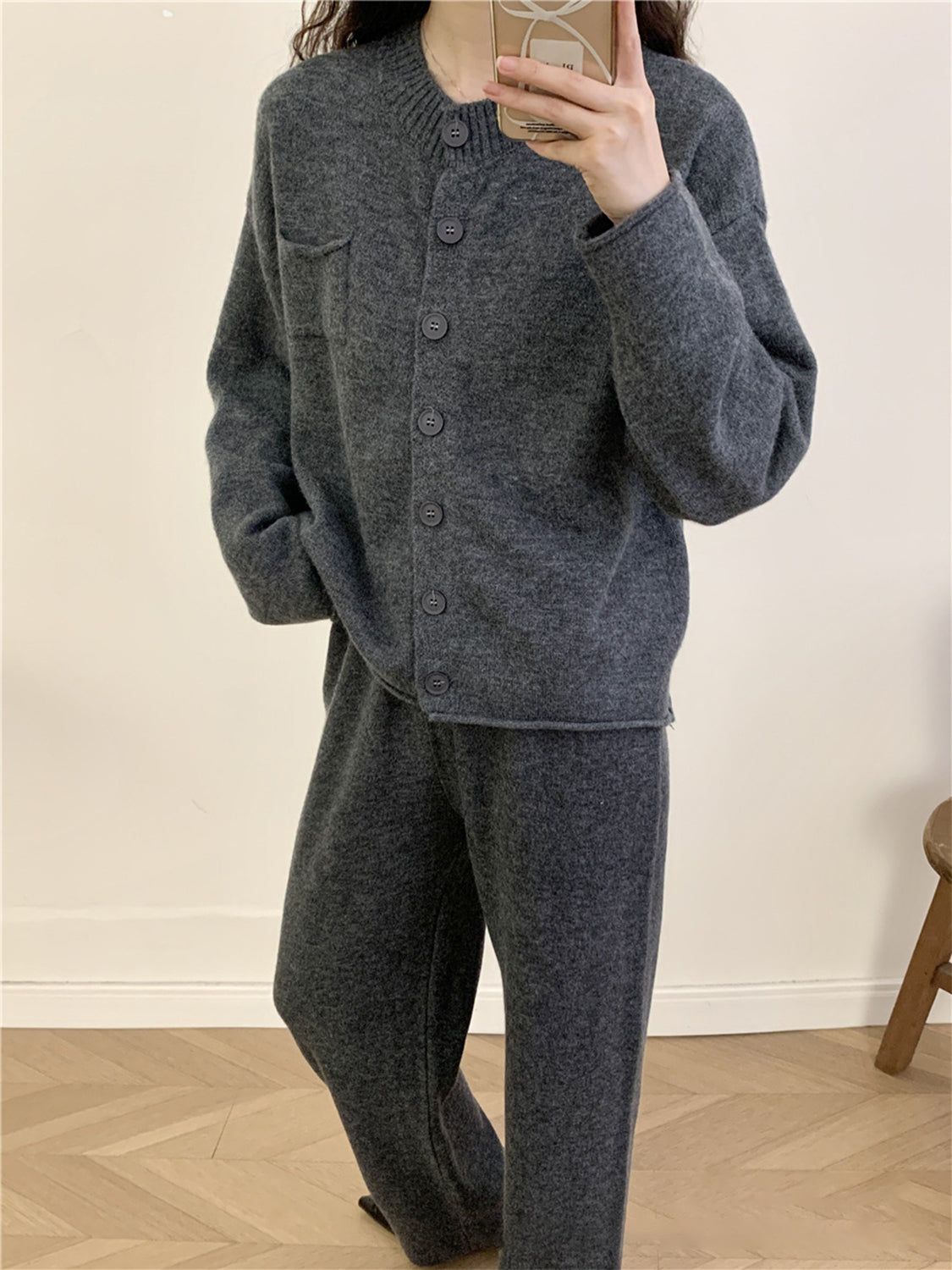 Pocketed Round Neck Button Up Cardigan and Pants Sweater Set - felvior