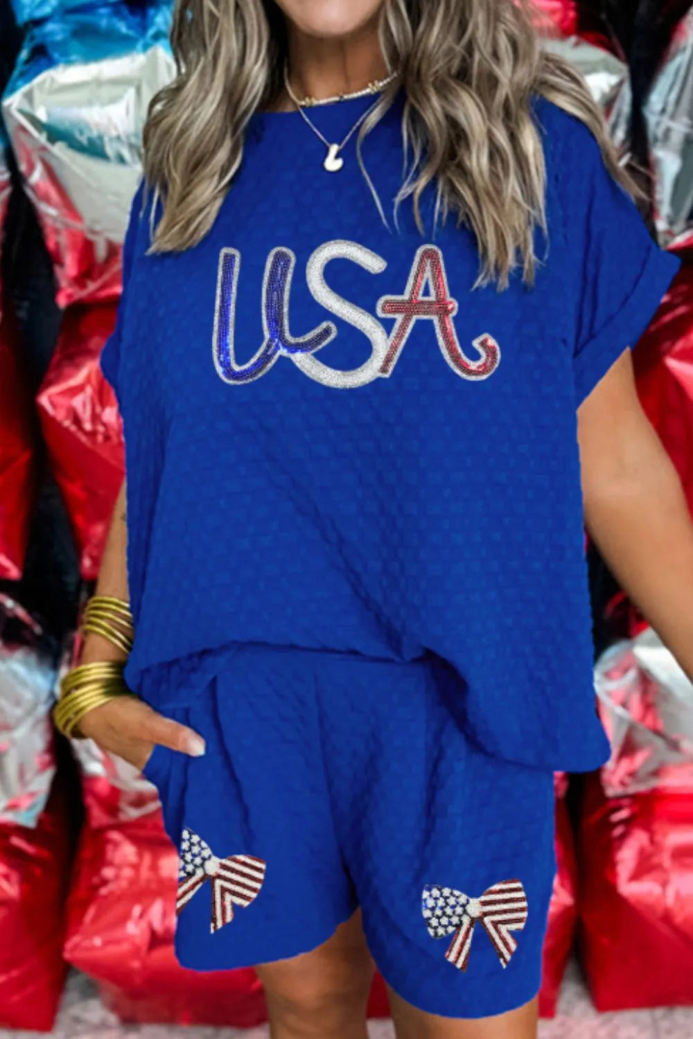 Textured Sequined USA Top and Bowknot Shorts Set
