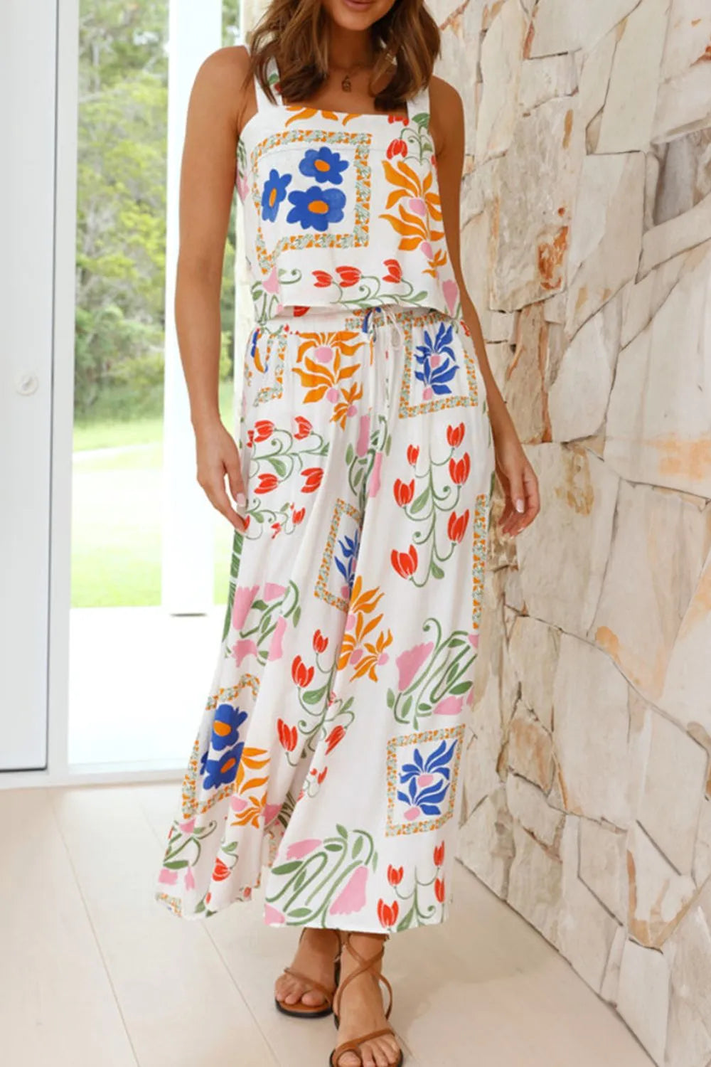 Printed Square Neck Top and Pants Set