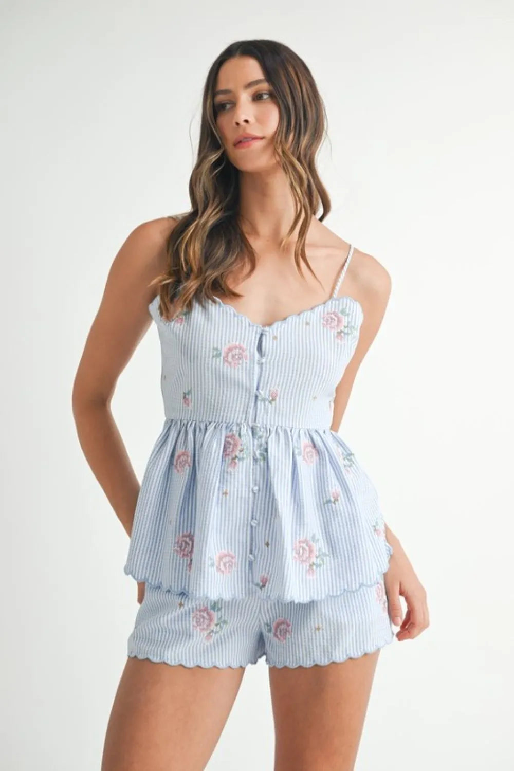 MABLE Stripe Embroidered Peplum Cami and Shorts Set Main image