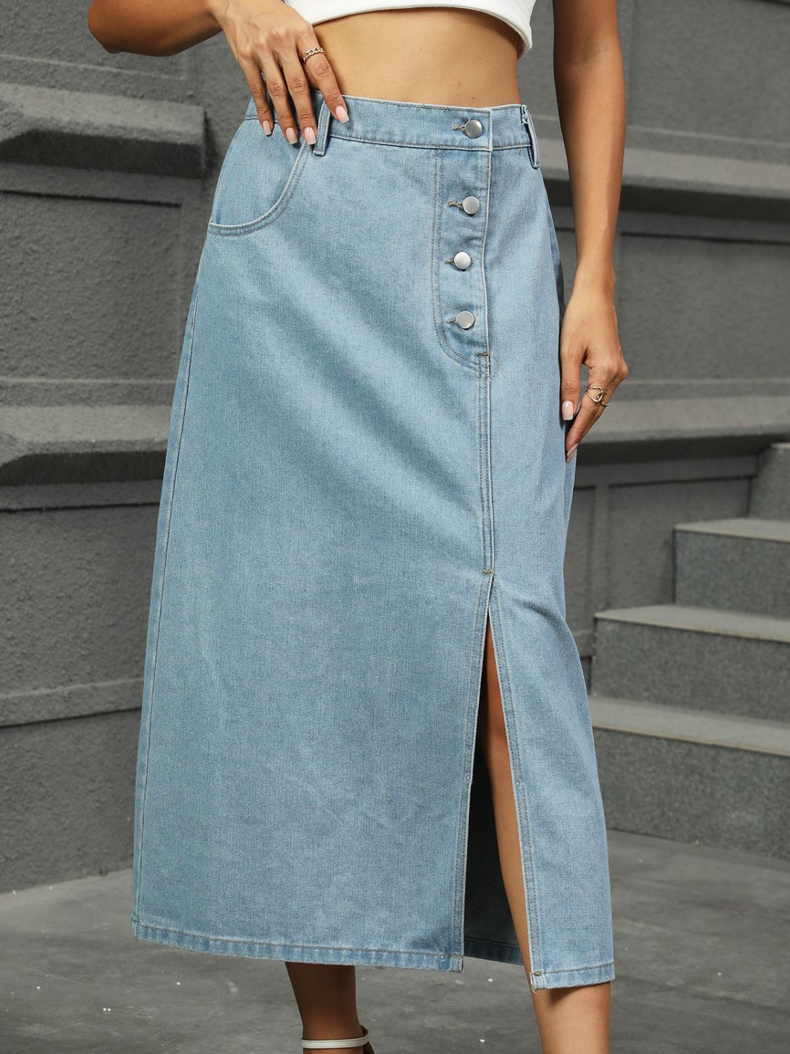 Slit Button Detail Denim Midi Skirt - felvior