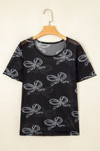 Bow Mesh Round Neck Short Sleeve T-Shirt