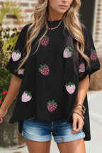 Sequin Strawberry High Low Half Sleeve Relaxed Fit T-Shirt