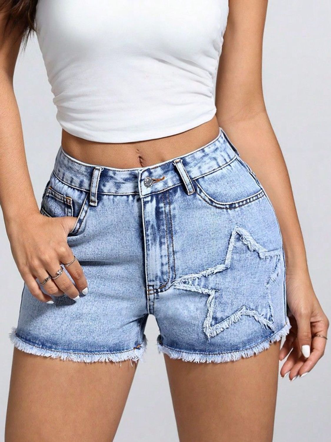 Star Raw Hem Denim Shorts - felvior
