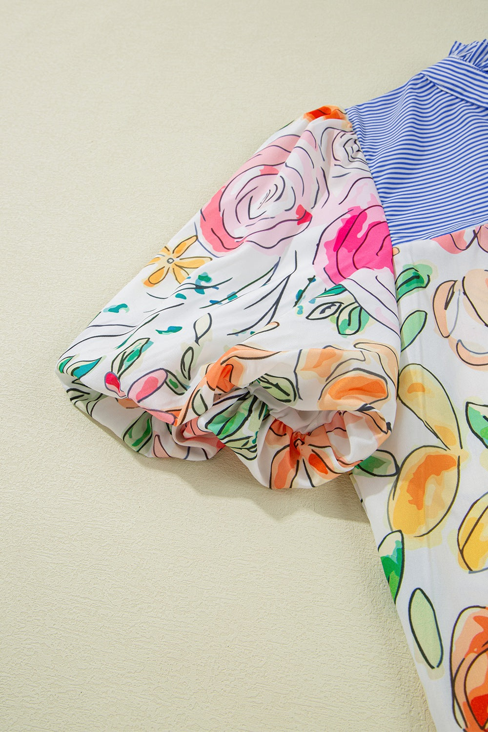 Floral Striped Yoke Frilled Tie Neck Puff Short Sleeve Blouse - felvior