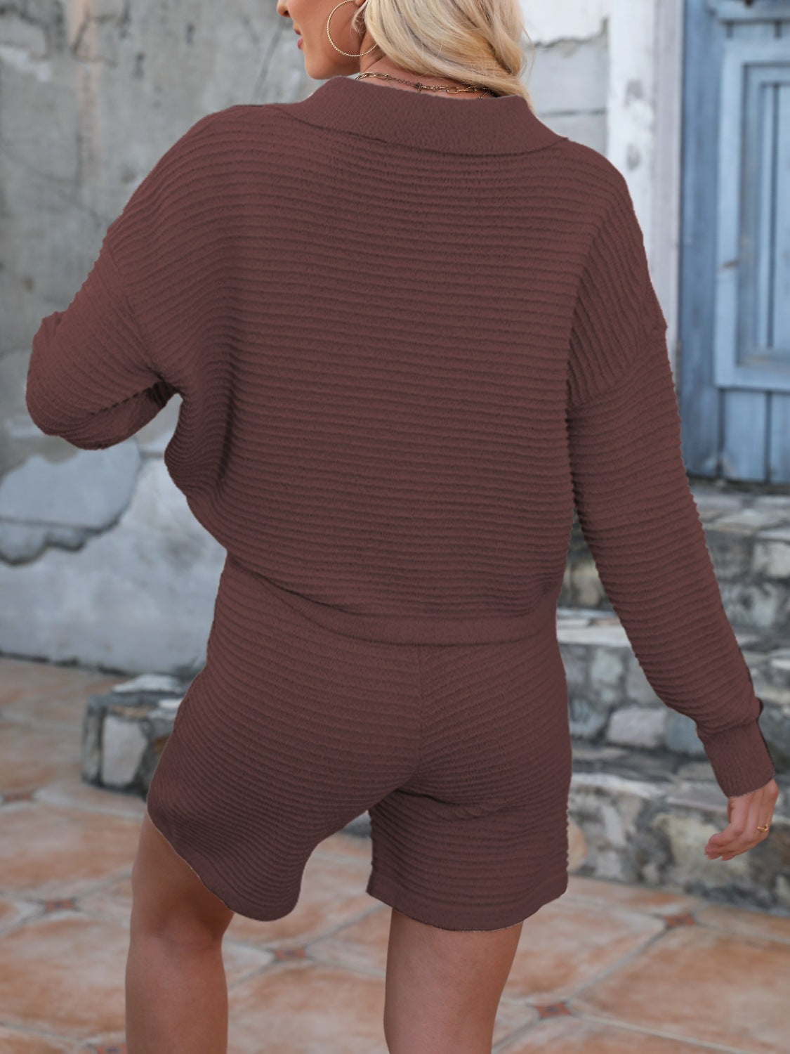 Johnny Collar Long Sleeve Top and Shorts Sweater Set - felvior