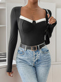 Perfee Ribbed Contrast Long Sleeve Bodysuit - felvior