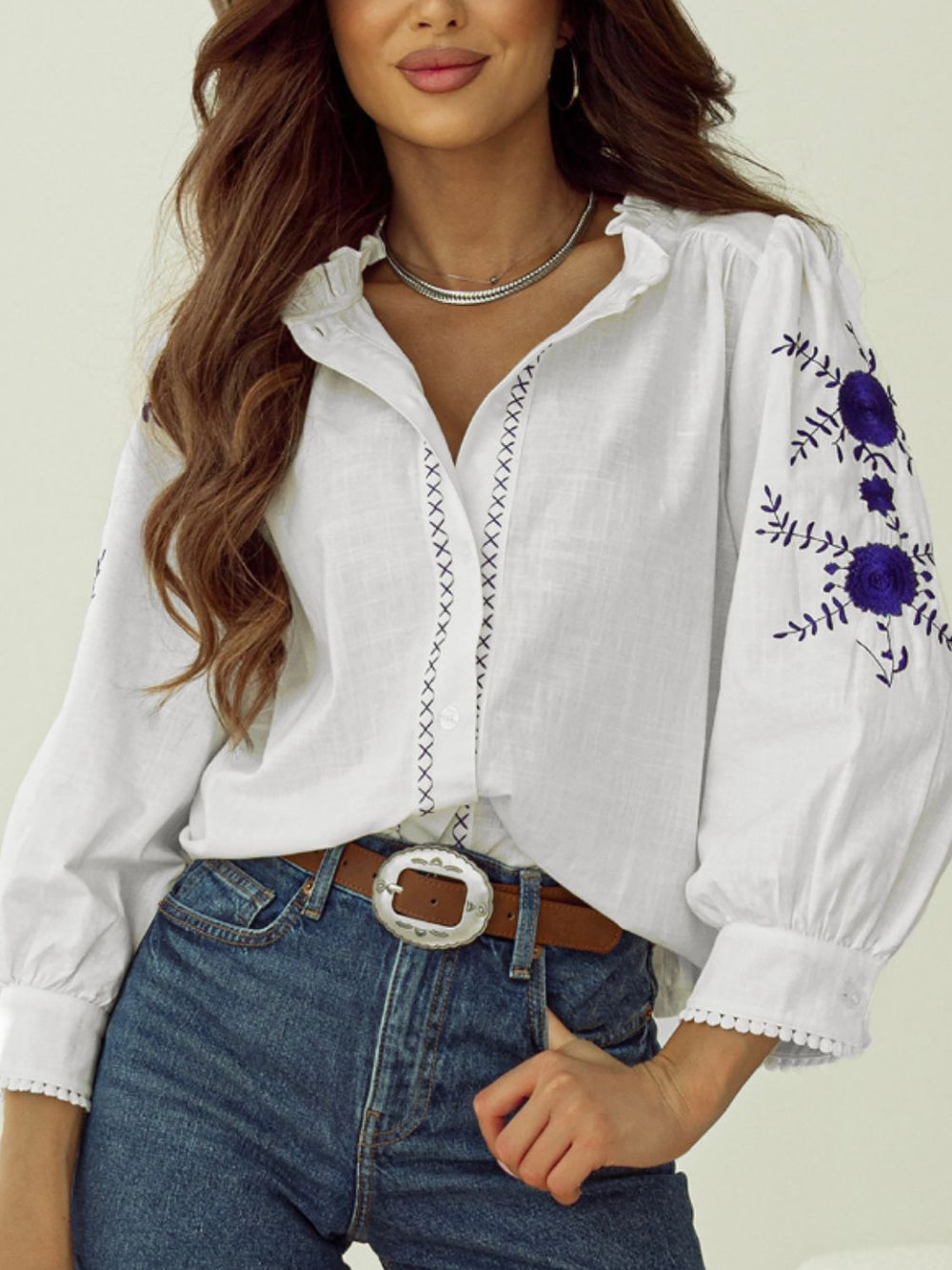 Frill Floral Embroidered Sleeve Shirt - felvior