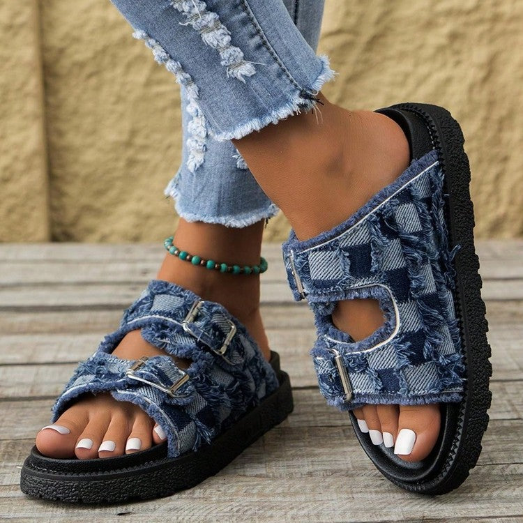 Raw Edge Checkered Cloth Buckle Sandals Secondary image