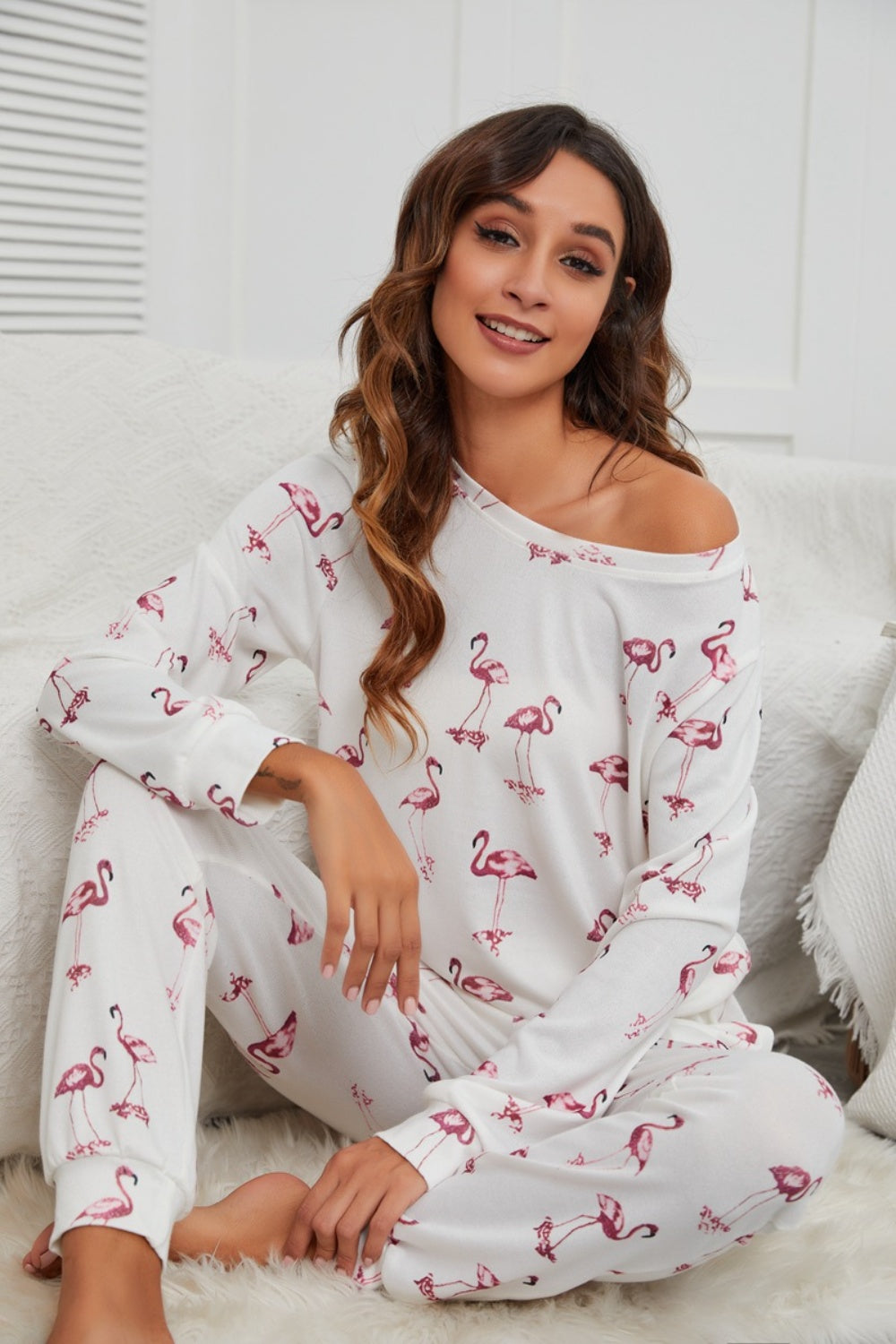 Flamingo Long Sleeve Top and Pants Lounge Set - felvior