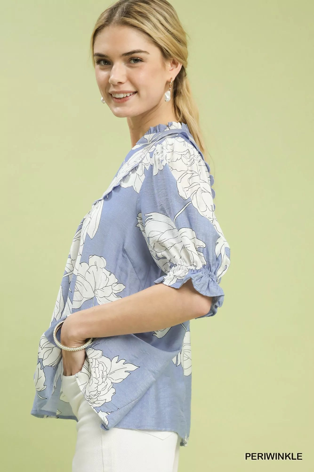 Umgee Peony Illustration Print Top with Scalloped Trim Secondary image