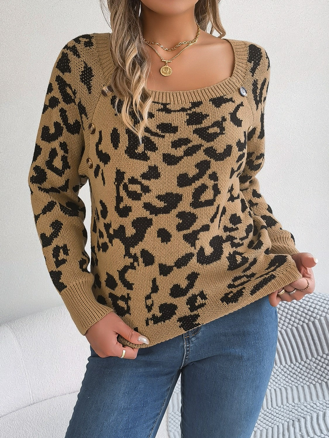 Leopard Buttoned Square Neck Sweater - felvior