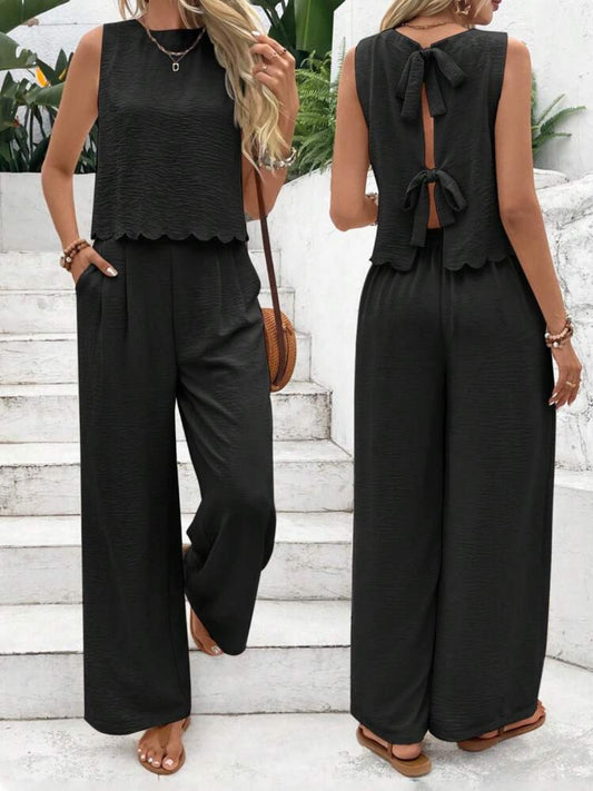 Tie Back Round Neck Top and Pants Set - felvior