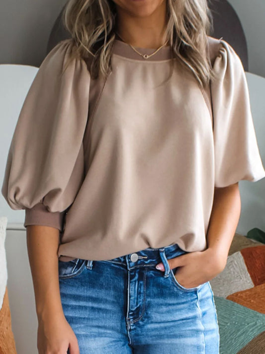 Round Neck Puff Half Sleeve Blouse - felvior