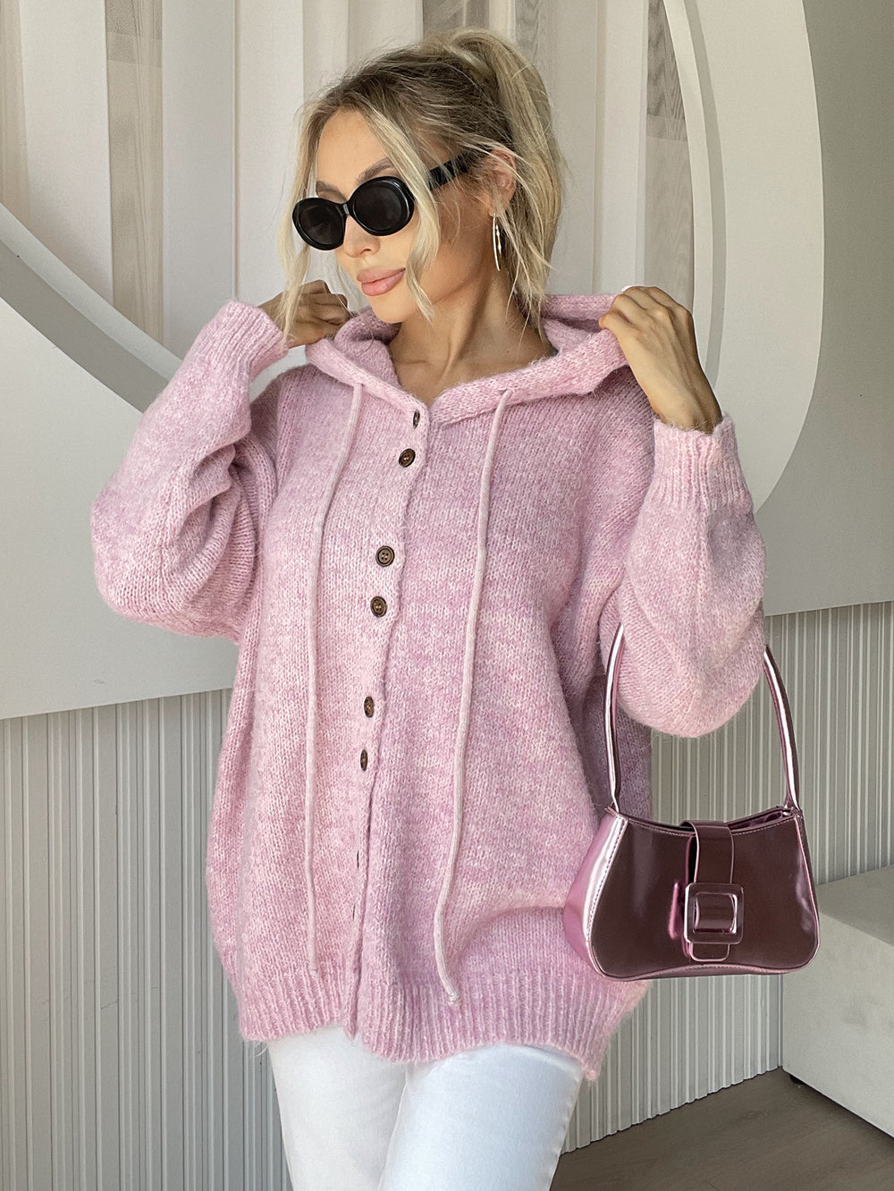 Drawstring Button Down Hooded Cardigan - felvior