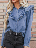 Ruffled Collared Neck Long Sleeve Denim Top - felvior