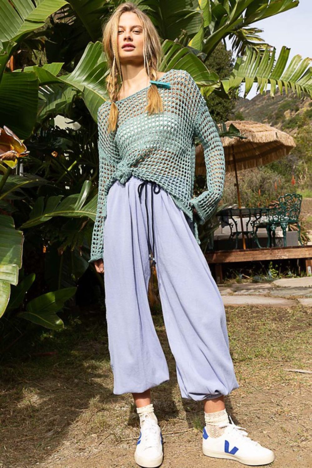 POL Side Slit Openwork Long Sleeve Knit Cover Up - felvior
