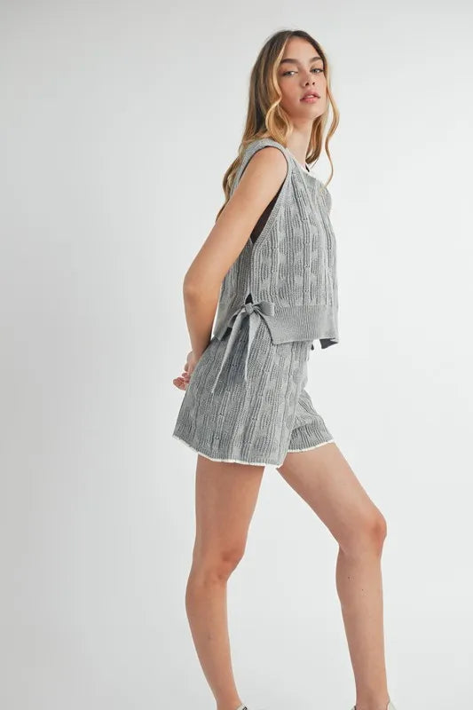 MABLE Side Tie Detail Knit Vest and Shorts Set - felvior