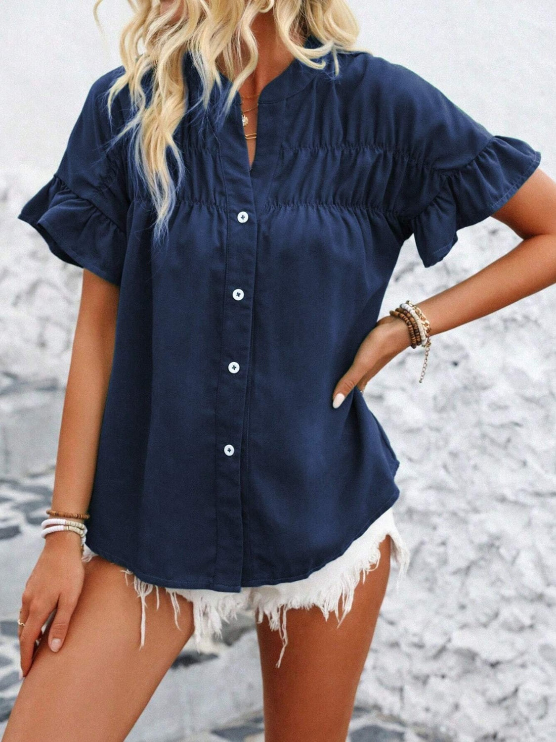 Button Down Ruffled Short Sleeve Shirt - felvior