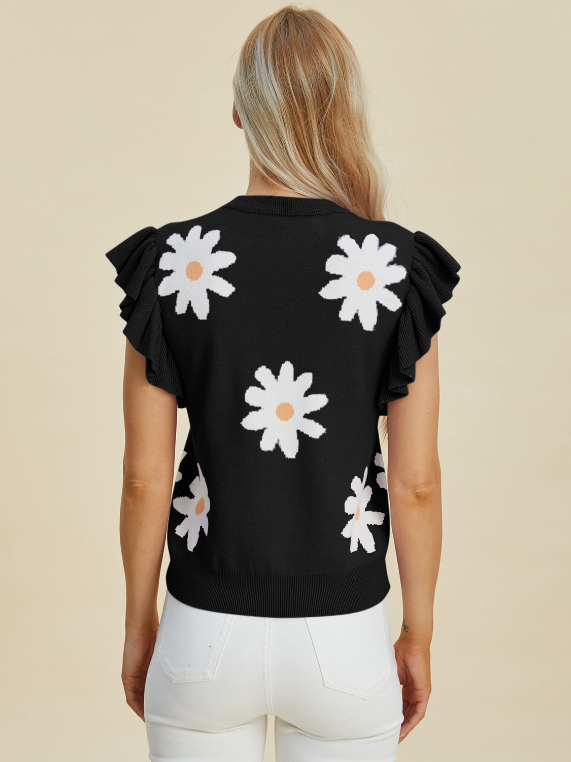 Double Take Full Size Ruffled Flower Round Neck Cap Sleeve Sweater - felvior