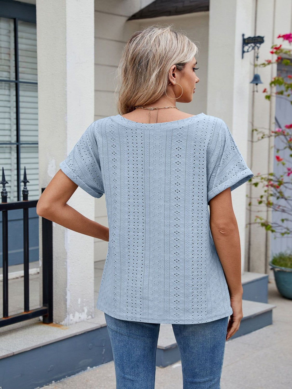 Eyelet Round Neck Short Sleeve Top - felvior