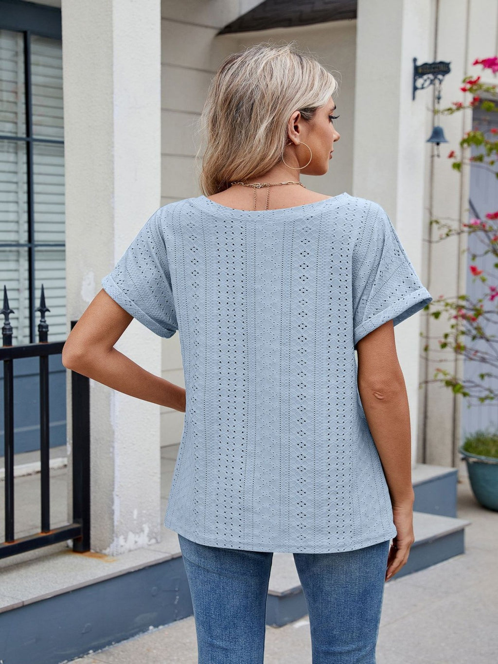 Eyelet Round Neck Short Sleeve Top