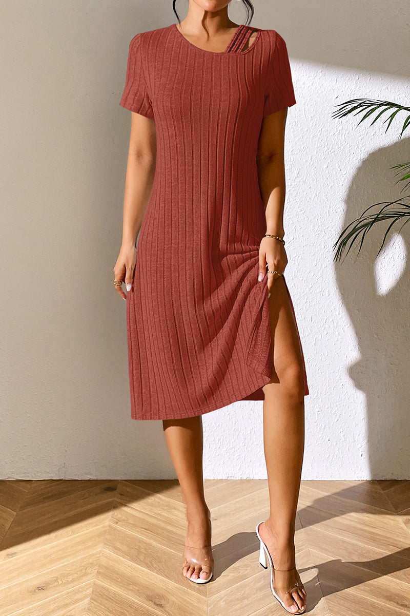 Ivy Lane Ribbed Asymmetrical Neck Short Sleeve Dress - felvior