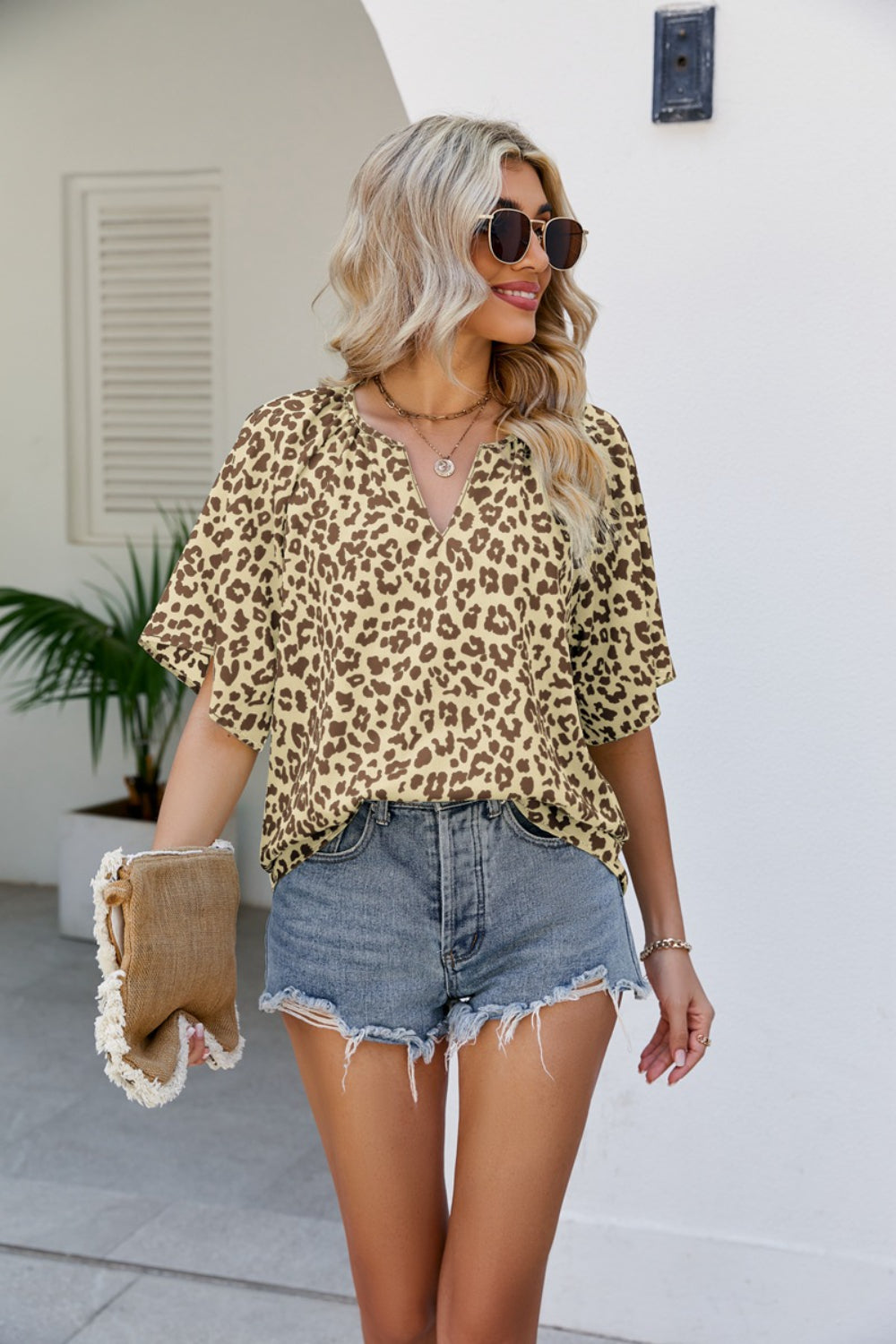Leopard Notched Half Sleeve Blouse - felvior