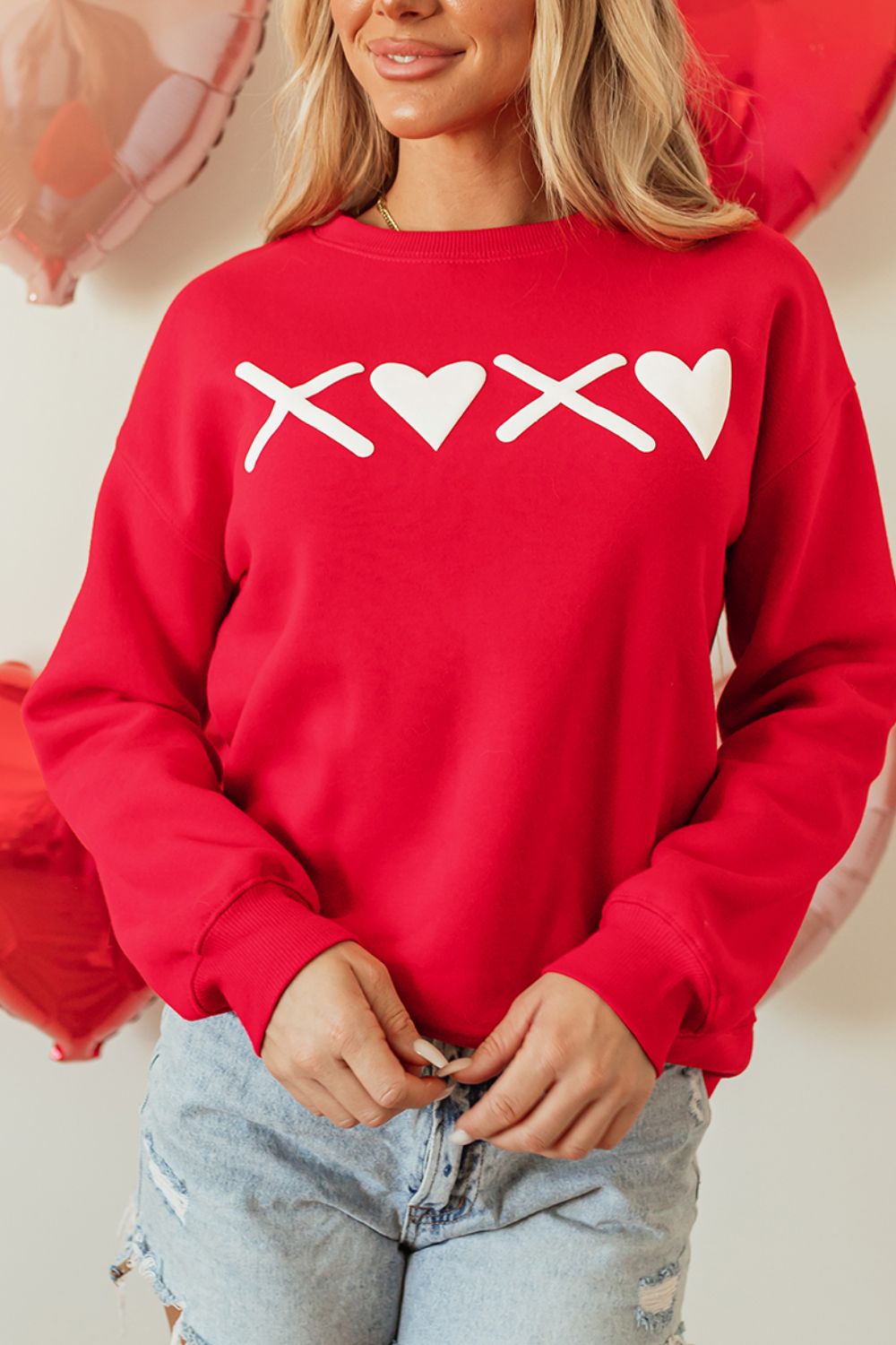 Valentine’s Day XOXO Round Neck Drop Shoulder Sweatshirt - felvior
