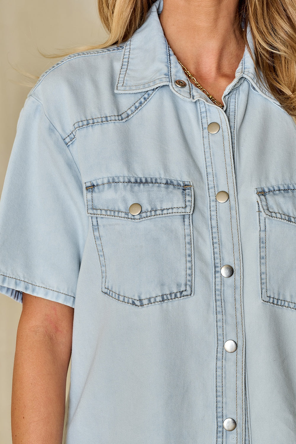 Slit Snap Down Short Sleeve Denim Top - felvior