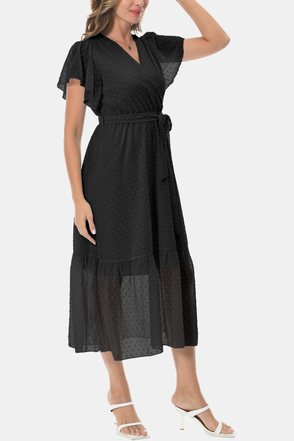 Surplice Neck Flutter Sleeve Tied Dress - felvior